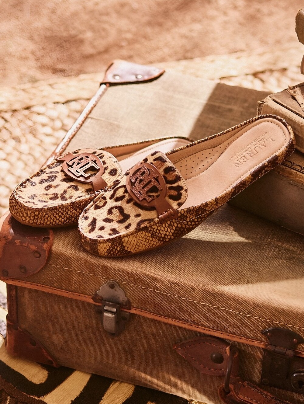 Ralph Lauren- Lauren Leopard/Snake Print Slip-On Leather Driving Mules - Picture 7 of 8